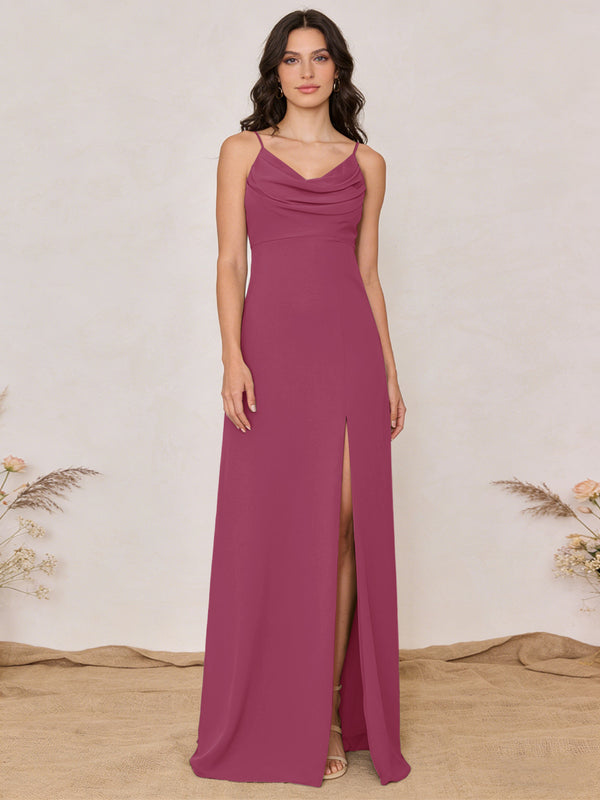 Chiffon Spaghetti Straps Cowl Neck Maxi Bridesmaid Dresses with Slit