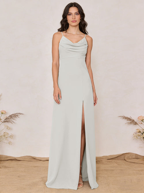 Chiffon Spaghetti Straps Cowl Neck Maxi Bridesmaid Dresses with Slit