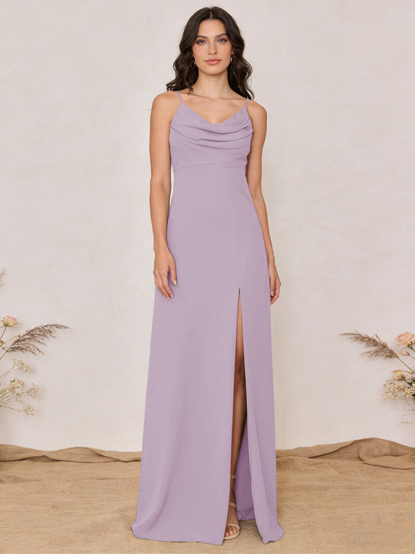 Chiffon Spaghetti Straps Cowl Neck Maxi Bridesmaid Dresses with Slit