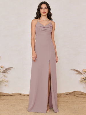 Chiffon Spaghetti Straps Cowl Neck Maxi Bridesmaid Dresses with Slit