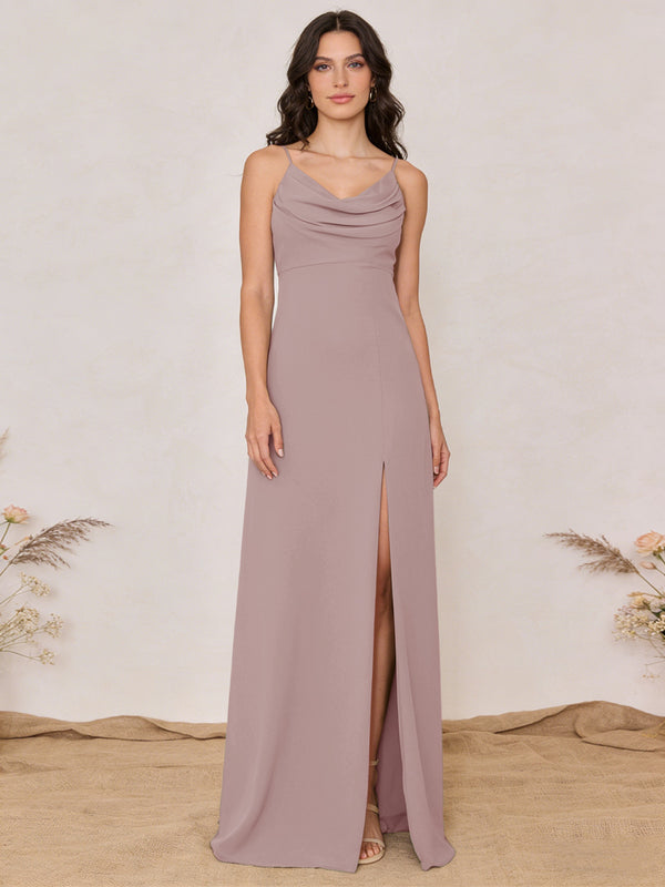 Chiffon Spaghetti Straps Cowl Neck Maxi Bridesmaid Dresses with Slit