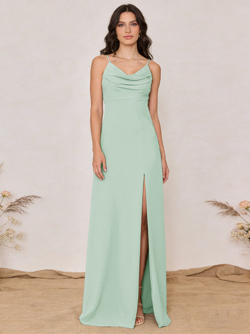 Chiffon Spaghetti Straps Cowl Neck Maxi Bridesmaid Dresses with Slit