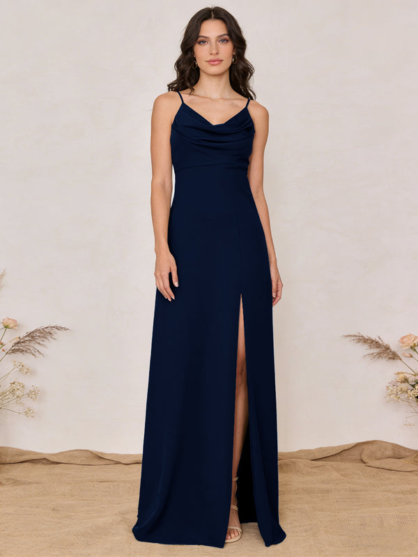 Chiffon Spaghetti Straps Cowl Neck Maxi Bridesmaid Dresses with Slit