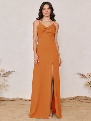 Chiffon Spaghetti Straps Cowl Neck Maxi Bridesmaid Dresses with Slit