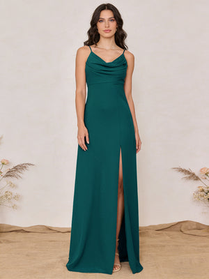 Chiffon Spaghetti Straps Cowl Neck Maxi Bridesmaid Dresses with Slit