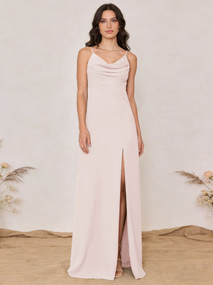 Chiffon Spaghetti Straps Cowl Neck Maxi Bridesmaid Dresses with Slit