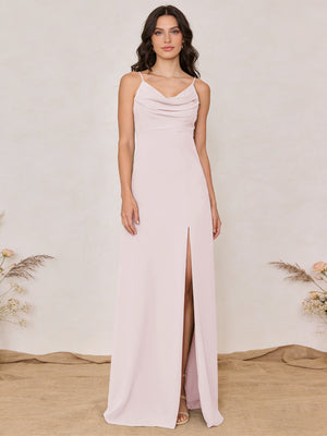 Chiffon Spaghetti Straps Cowl Neck Maxi Bridesmaid Dresses with Slit