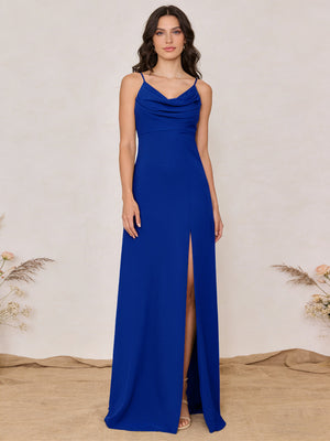 Chiffon Spaghetti Straps Cowl Neck Maxi Bridesmaid Dresses with Slit