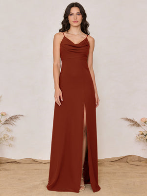 Chiffon Spaghetti Straps Cowl Neck Maxi Bridesmaid Dresses with Slit