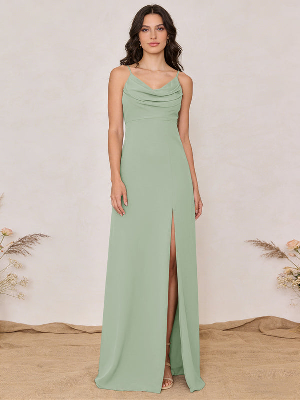 Chiffon Spaghetti Straps Cowl Neck Maxi Bridesmaid Dresses with Slit