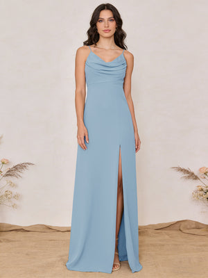 Chiffon Spaghetti Straps Cowl Neck Maxi Bridesmaid Dresses with Slit