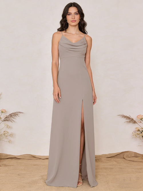 Chiffon Spaghetti Straps Cowl Neck Maxi Bridesmaid Dresses with Slit