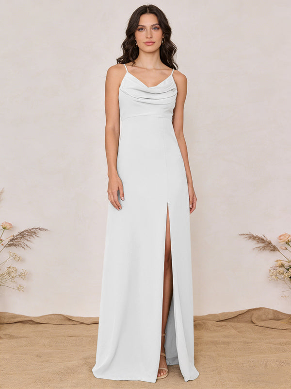 Chiffon Spaghetti Straps Cowl Neck Maxi Bridesmaid Dresses with Slit