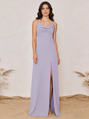 Chiffon Spaghetti Straps Cowl Neck Maxi Bridesmaid Dresses with Slit