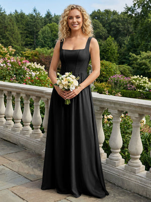 Chiffon Square Neck Maxi Bridesmaid Dresses with Backless
