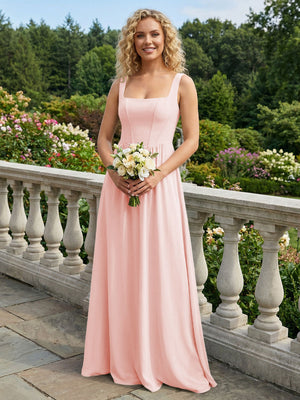 Chiffon Square Neck Maxi Bridesmaid Dresses with Backless