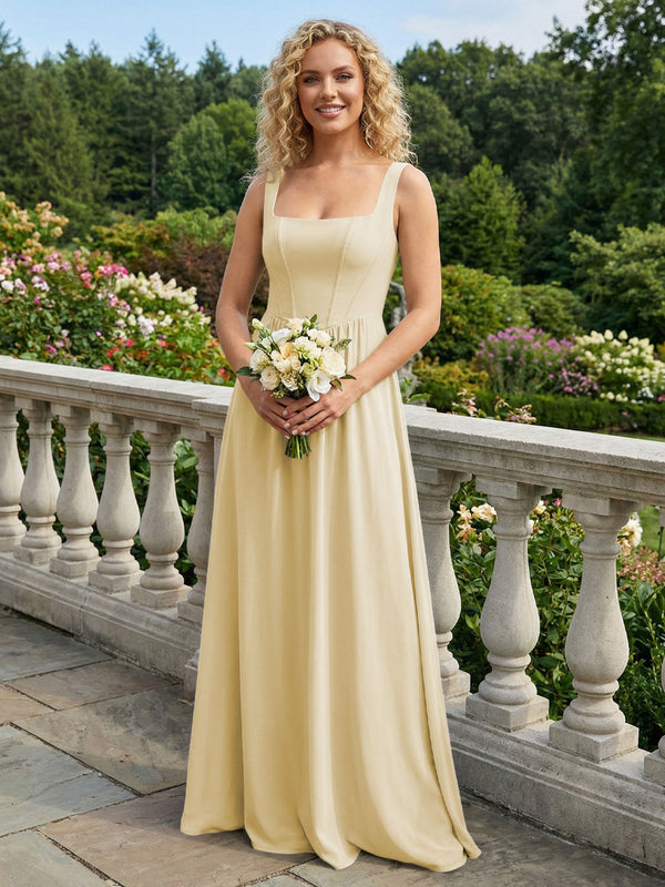 Chiffon Square Neck Maxi Bridesmaid Dresses with Backless
