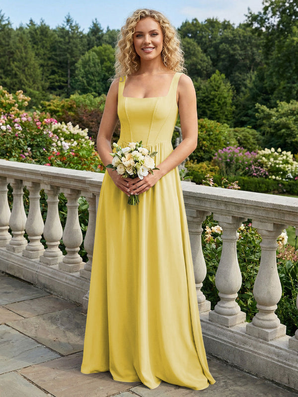 Chiffon Square Neck Maxi Bridesmaid Dresses with Backless