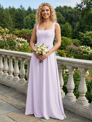 Chiffon Square Neck Maxi Bridesmaid Dresses with Backless