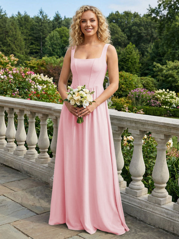 Chiffon Square Neck Maxi Bridesmaid Dresses with Backless