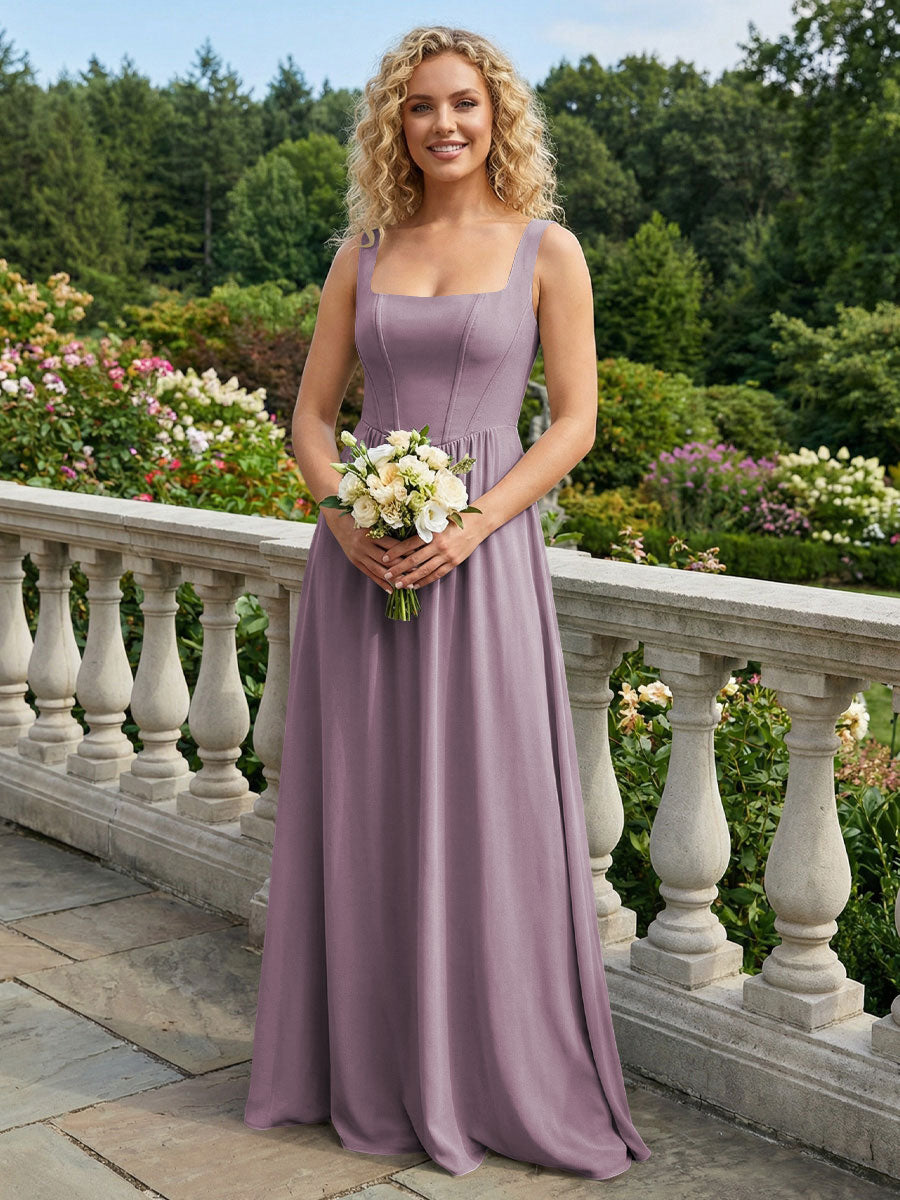 Chiffon Square Neck Maxi Bridesmaid Dresses with Backless