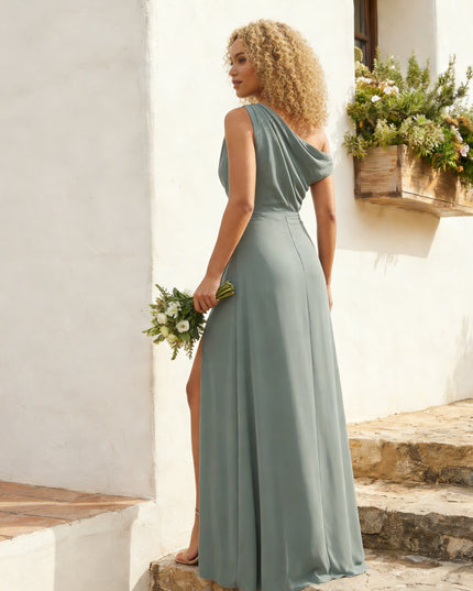 Chiffon Off the Shoulder Pleated Maxi Bridesmaid Dresses with Slit