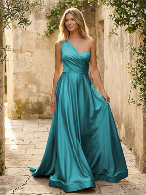 Satin A Line One Shoulder Princess Corset Bridesmaid Dresses