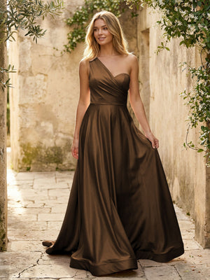 Satin A Line One Shoulder Princess Corset Bridesmaid Dresses
