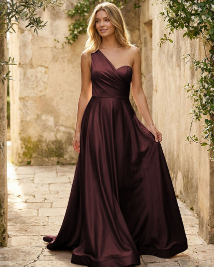 Satin A Line One Shoulder Princess Corset Bridesmaid Dresses