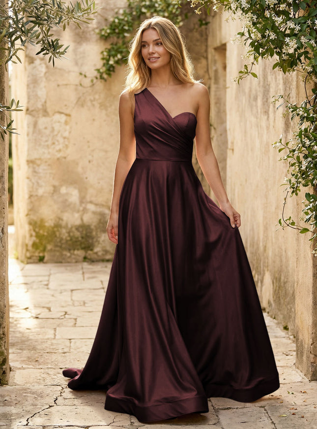 Satin A Line One Shoulder Princess Corset Bridesmaid Dresses