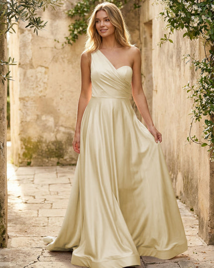 Satin A Line One Shoulder Princess Corset Bridesmaid Dresses