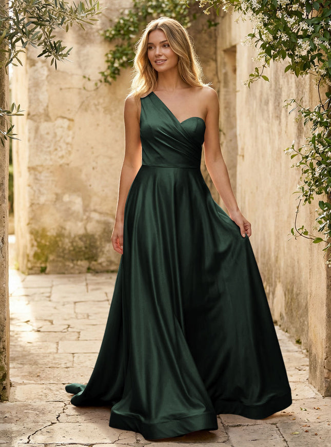 Satin A Line One Shoulder Princess Corset Bridesmaid Dresses