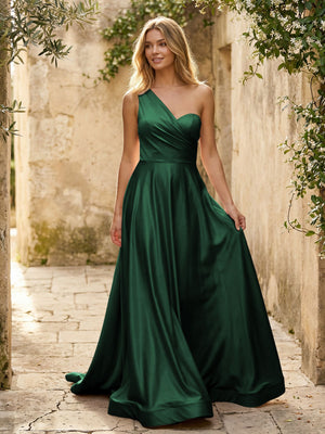 Satin A Line One Shoulder Princess Corset Bridesmaid Dresses