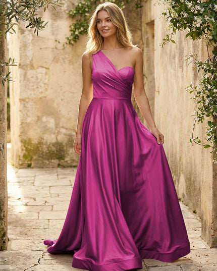 Satin A Line One Shoulder Princess Corset Bridesmaid Dresses