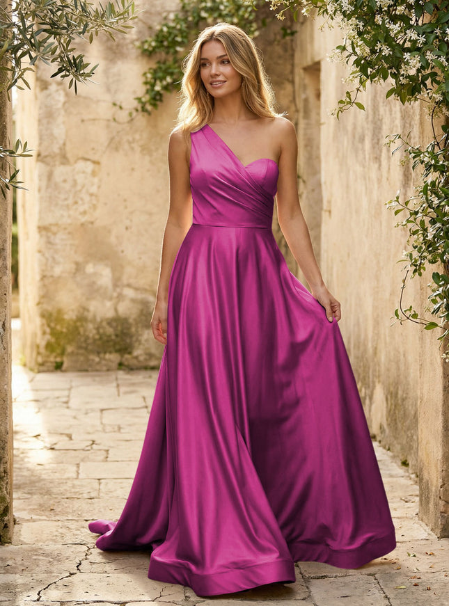 Satin A Line One Shoulder Princess Corset Bridesmaid Dresses