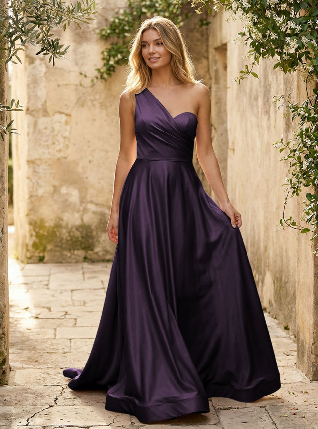 Satin A Line One Shoulder Princess Corset Bridesmaid Dresses