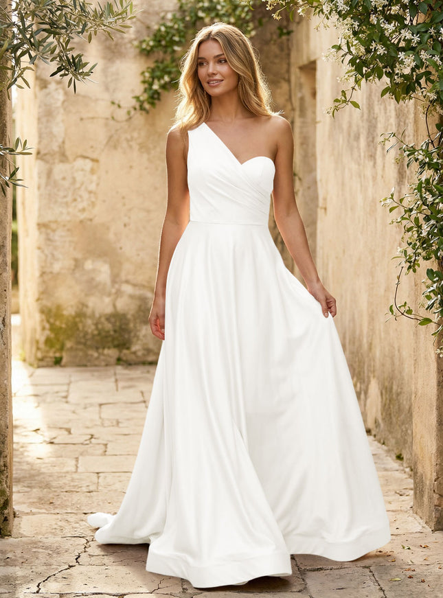 Satin A Line One Shoulder Princess Corset Bridesmaid Dresses