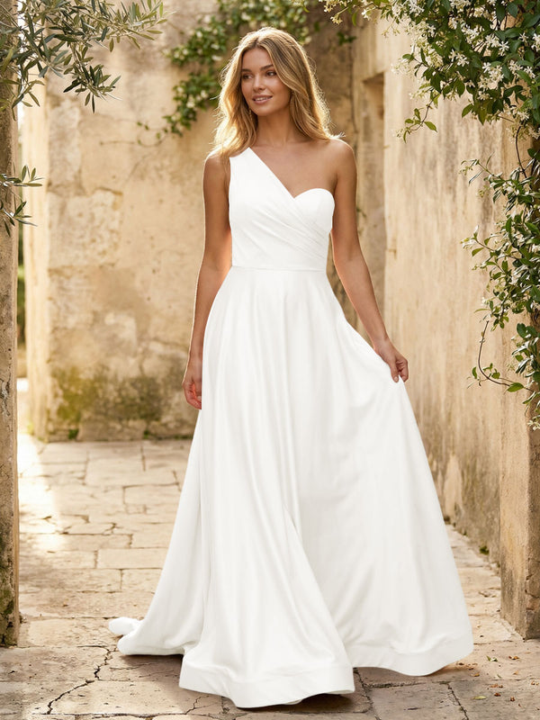 Satin A Line One Shoulder Princess Corset Bridesmaid Dresses