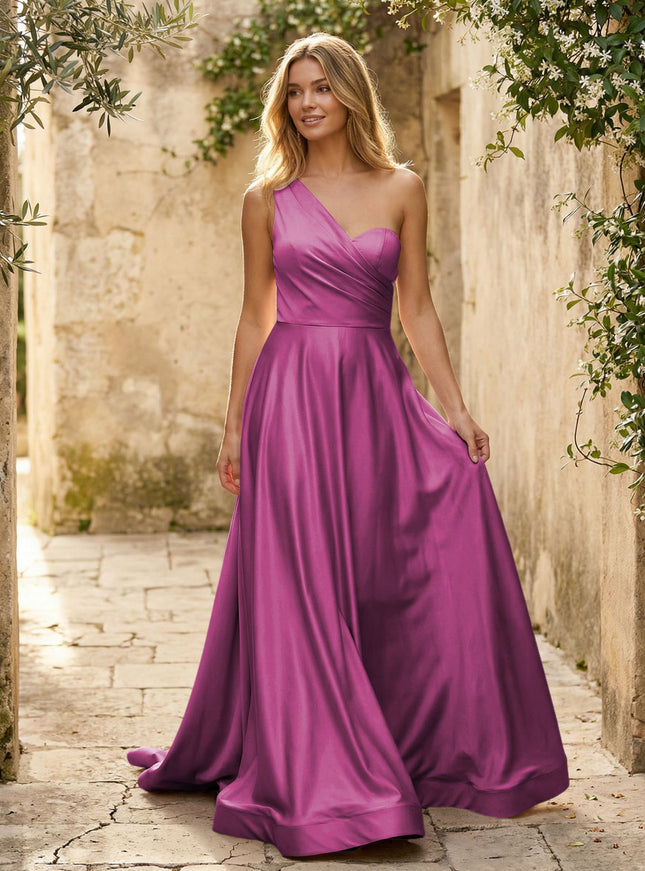 Satin A Line One Shoulder Princess Corset Bridesmaid Dresses