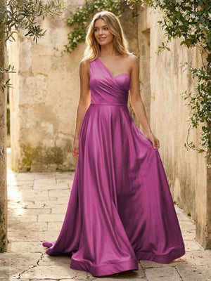Satin A Line One Shoulder Princess Corset Bridesmaid Dresses
