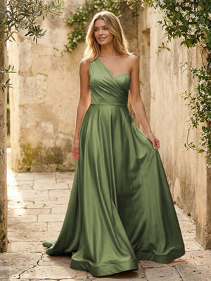 Satin A Line One Shoulder Princess Corset Bridesmaid Dresses