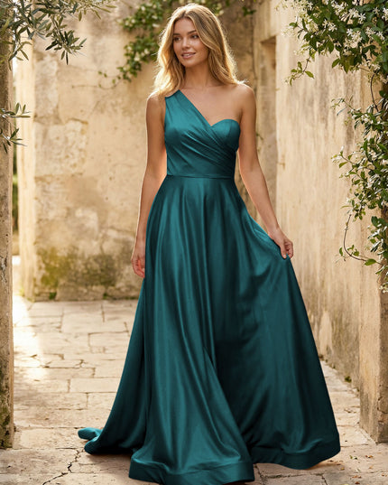 Satin A Line One Shoulder Princess Corset Bridesmaid Dresses