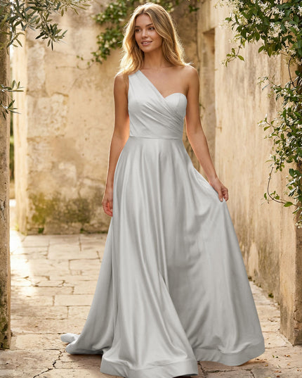 Satin A Line One Shoulder Princess Corset Bridesmaid Dresses