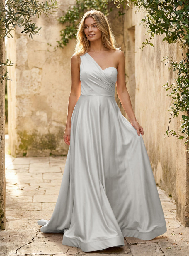 Satin A Line One Shoulder Princess Corset Bridesmaid Dresses