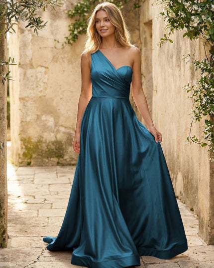 Satin A Line One Shoulder Princess Corset Bridesmaid Dresses