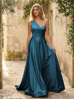 Satin A Line One Shoulder Princess Corset Bridesmaid Dresses