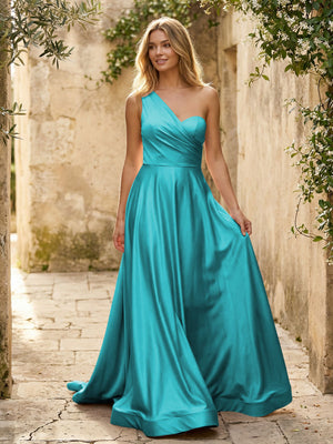 Satin A Line One Shoulder Princess Corset Bridesmaid Dresses