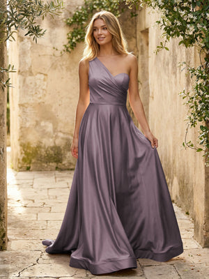 Satin A Line One Shoulder Princess Corset Bridesmaid Dresses