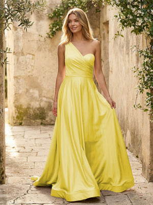 Satin A Line One Shoulder Princess Corset Bridesmaid Dresses