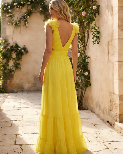 Tulle A Line V Neck Corset Cut Out Wedding Guest Dresses with 3D Flower